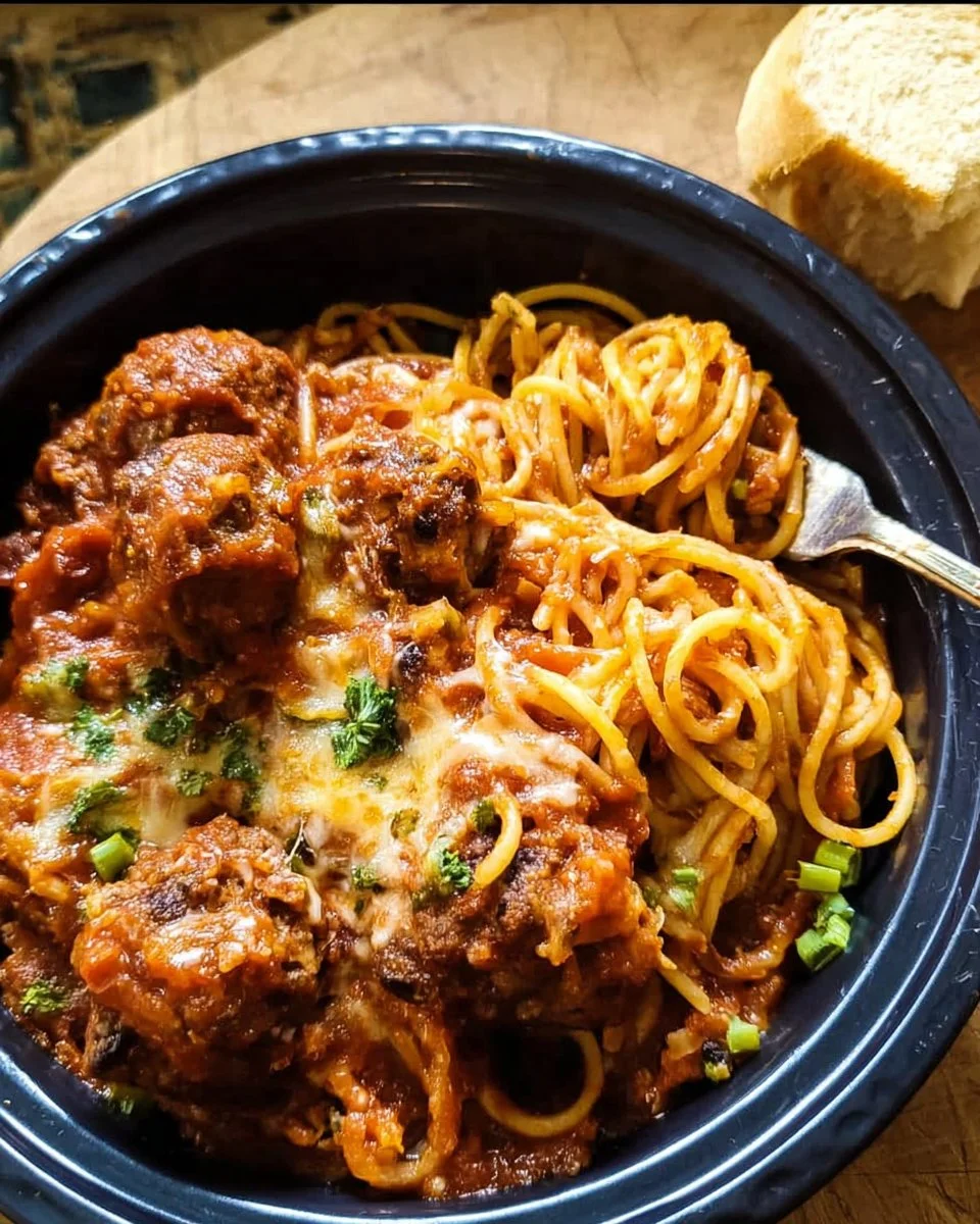 Crockpot Rinder-Chili-Fleischbällchen serviert mit Spaghetti