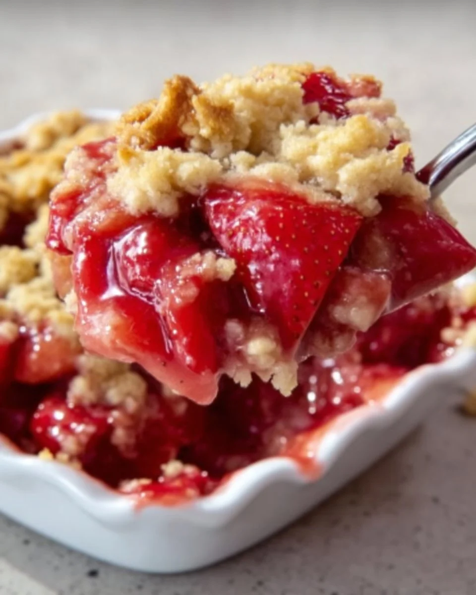 Ein köstliches Stück Erdbeer-Krümel auf einem Teller, dekoriert mit frischen Erdbeeren.