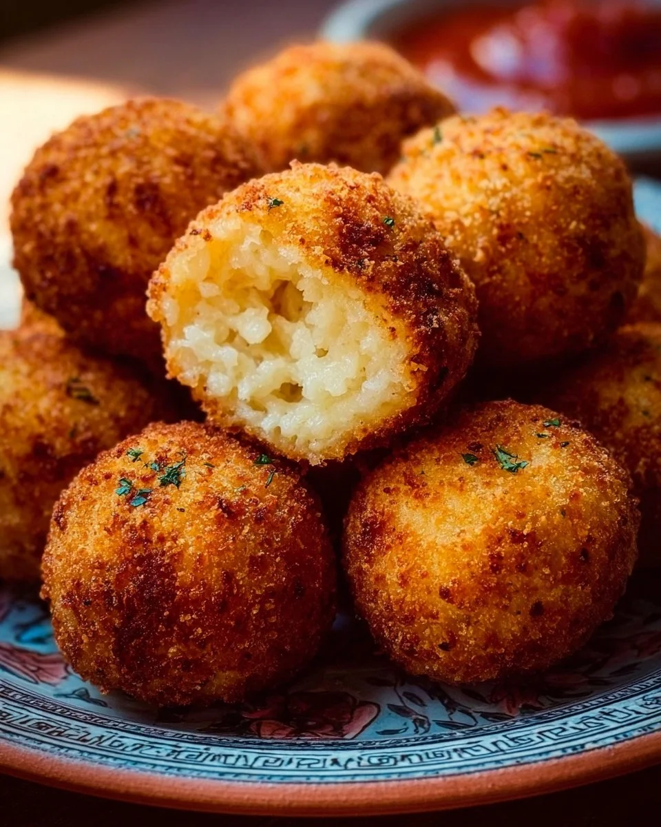 Leckere Arancini, gefüllt mit Käse und Kräutern, goldbraun frittiert.