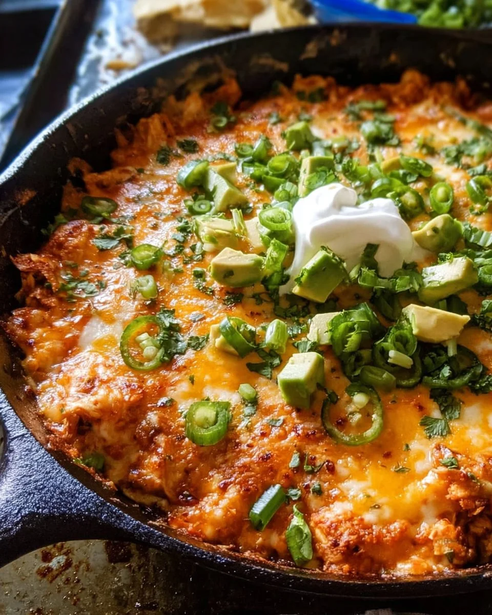 Ein-Pfannen-Buffalo-Ranch-Hühnchen-Enchilada-Auflauf für ein einfaches Gericht