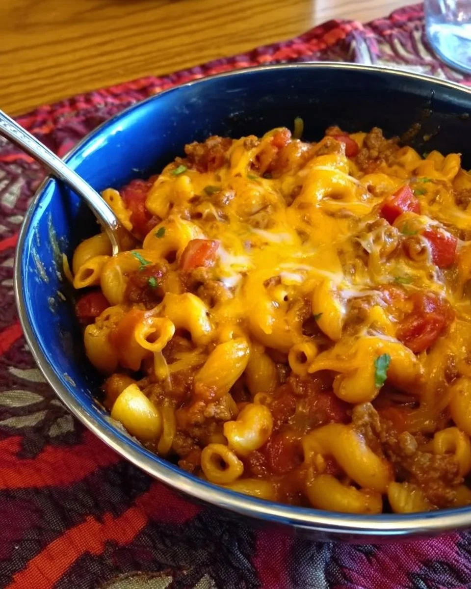 Ein Topf Chili Mac und Käse mit würzigen Aromen und geschmolzenem Käse.