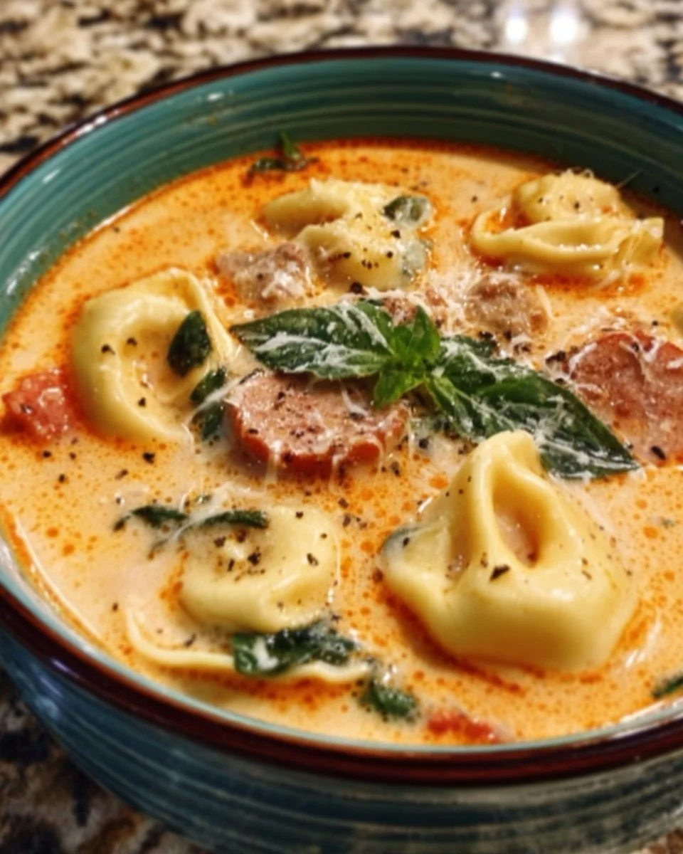 Einfache cremige Wurst Tortellini Suppe in einer Schüssel serviert.