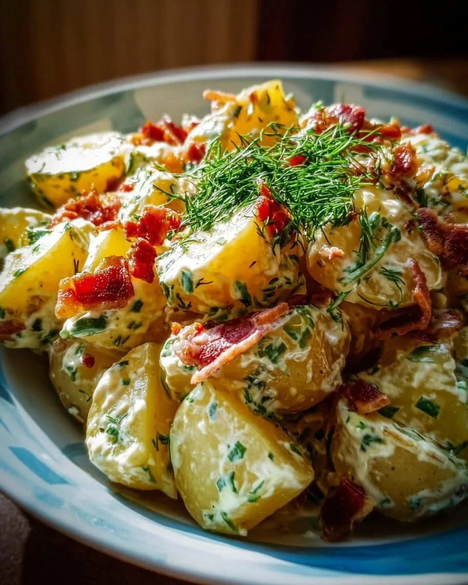 Ein einfacher deutscher Kartoffelsalat in einer dekorativen Schüssel