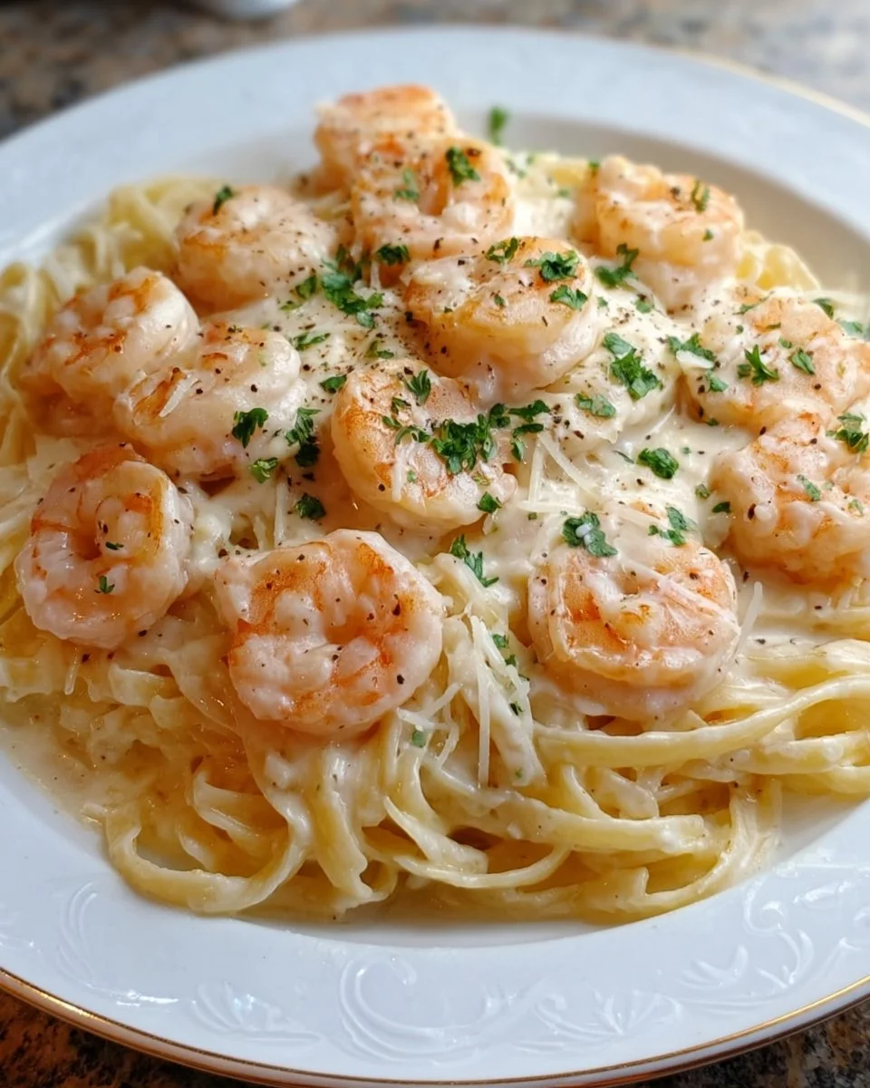 Einfache Garnelen Alfredo in einer cremigen Sauce serviert