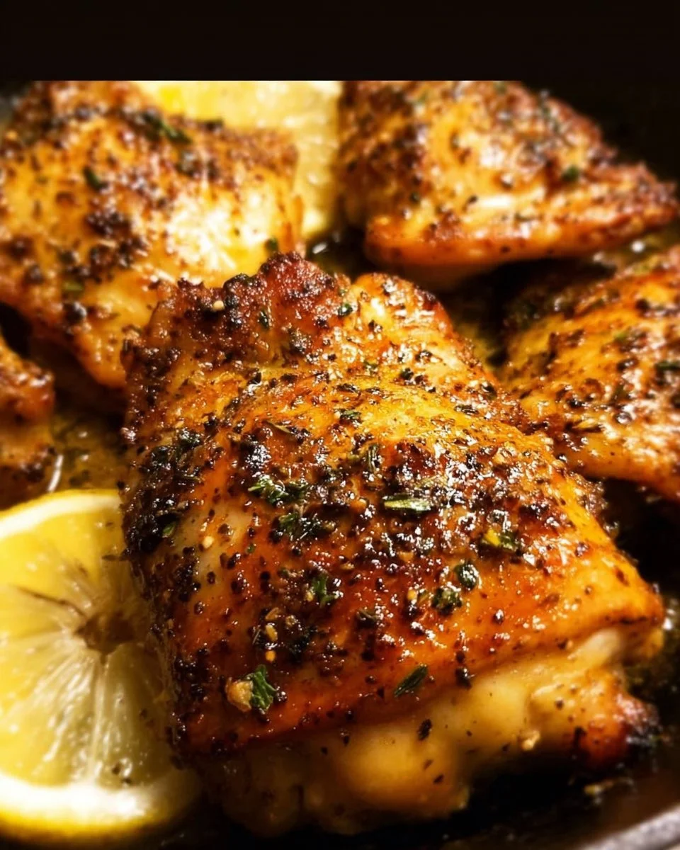 Gebackene Zitronen-Pfeffer-Hähnchenschenkel auf einem Teller