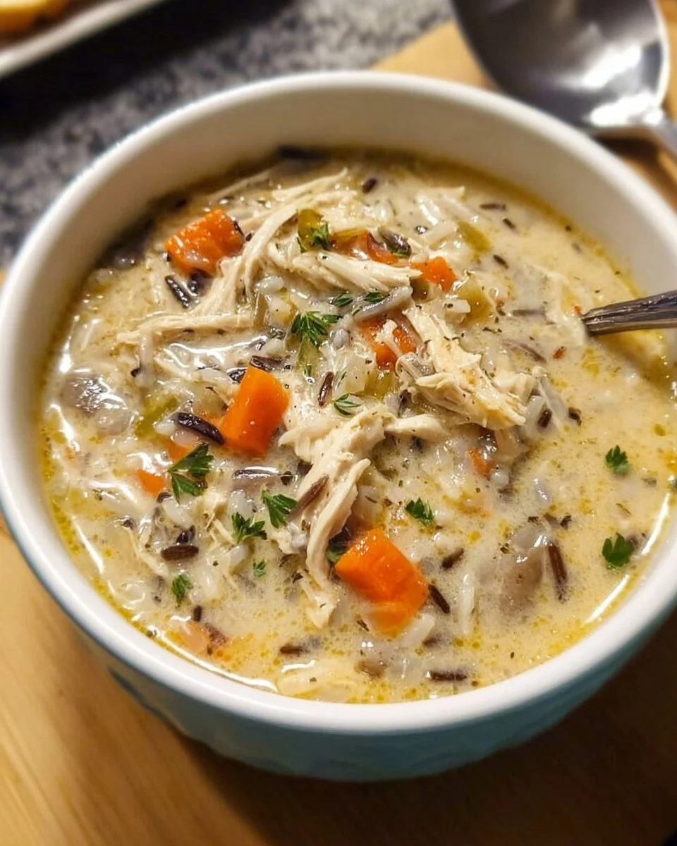 Schüssel mit einfacher Instant Pot Hühner-Wildreis-Suppe mit Kräutern