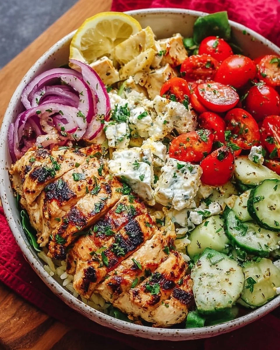 Proteinreiche griechische Hühnchen-Bowls mit frischem Gemüse und Feta