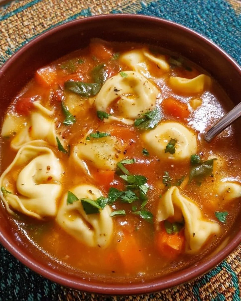 Schüssel mit einfacher Tortellini Suppe, reich an Geschmack und Zutaten.