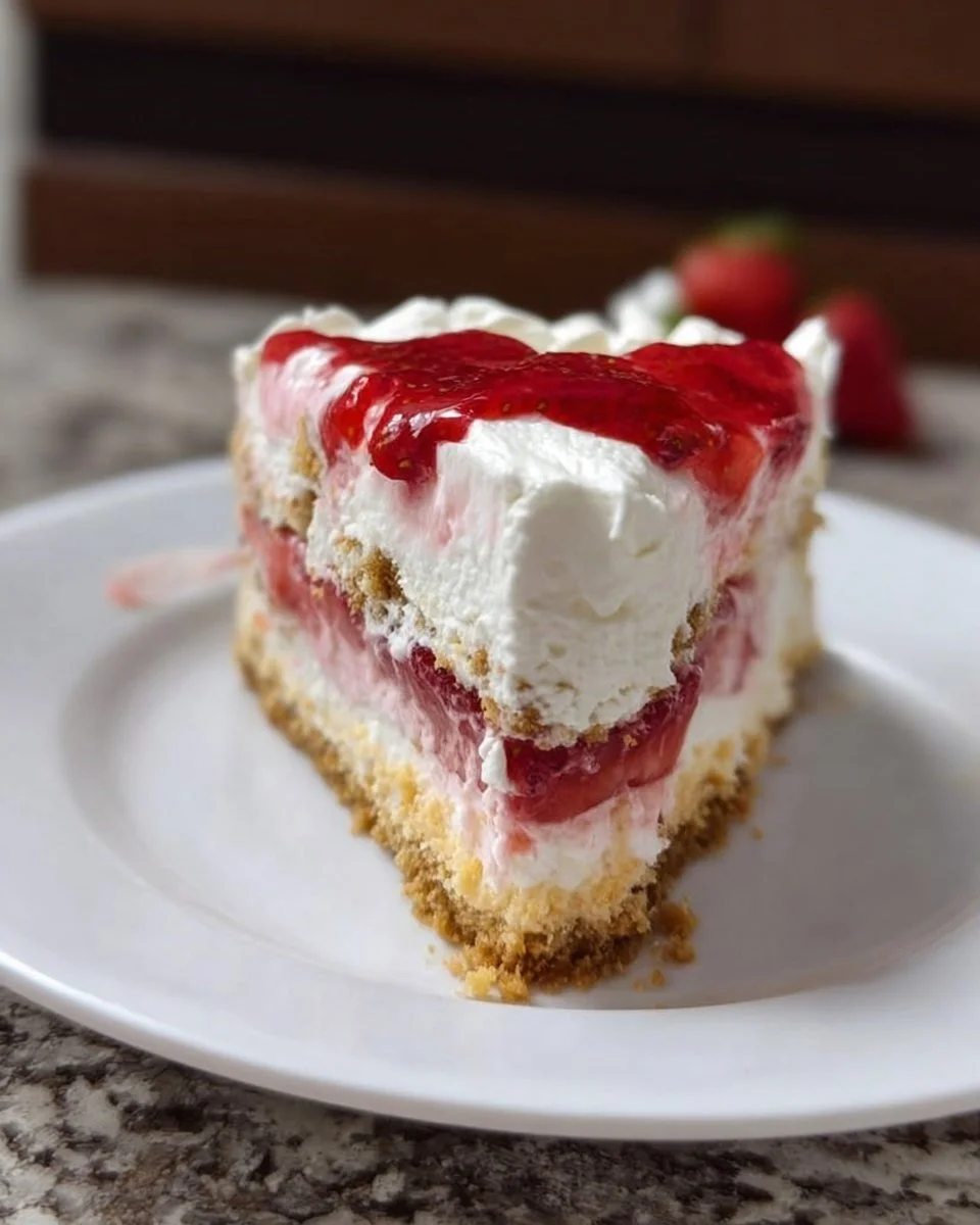Einfacher Erdbeer-Eisboxkuchen mit frischen Erdbeeren und Sahne.