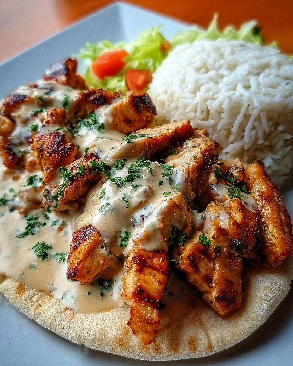Hähnchen-Gyros in cremiger Sauerrahmsauce auf einem Teller angerichtet