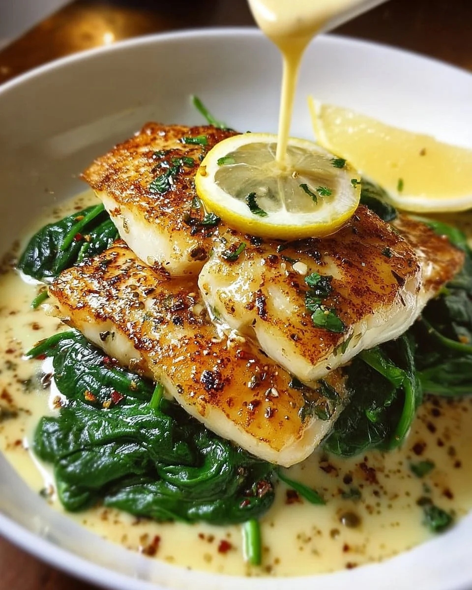 Zitrone-Knoblauch-Seebarsch auf einem Teller mit Spinat