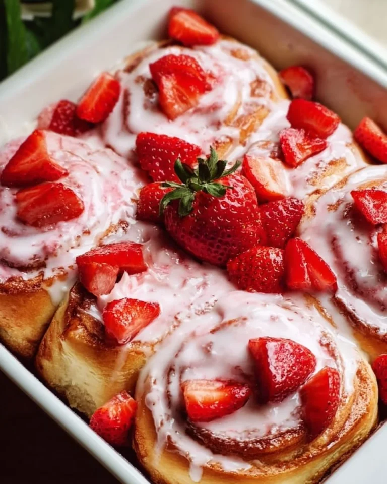 Frisch gebackene Erdbeer-Zimt-Rollen auf einem Teller mit frischen Erdbeeren