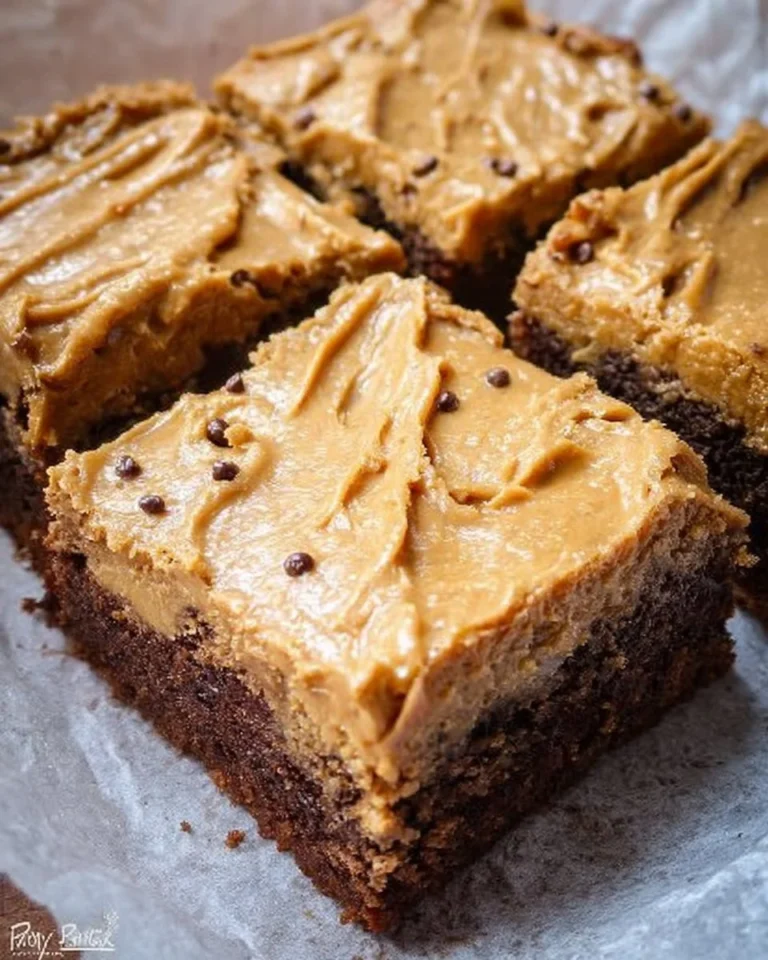 Erdnussbutter-Brownies mit Schokoladenglasur auf einem Holzbrett