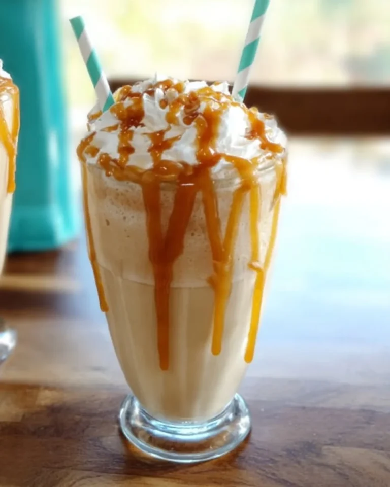 Erdnussbutter-Karamell-Milchshake in einem Glas mit schokoladiger Dekoration