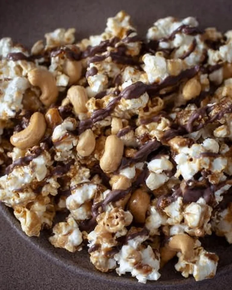 Erdnussbutter Schokolade mit Cashew-Popcorn in einer Schüssel serviert