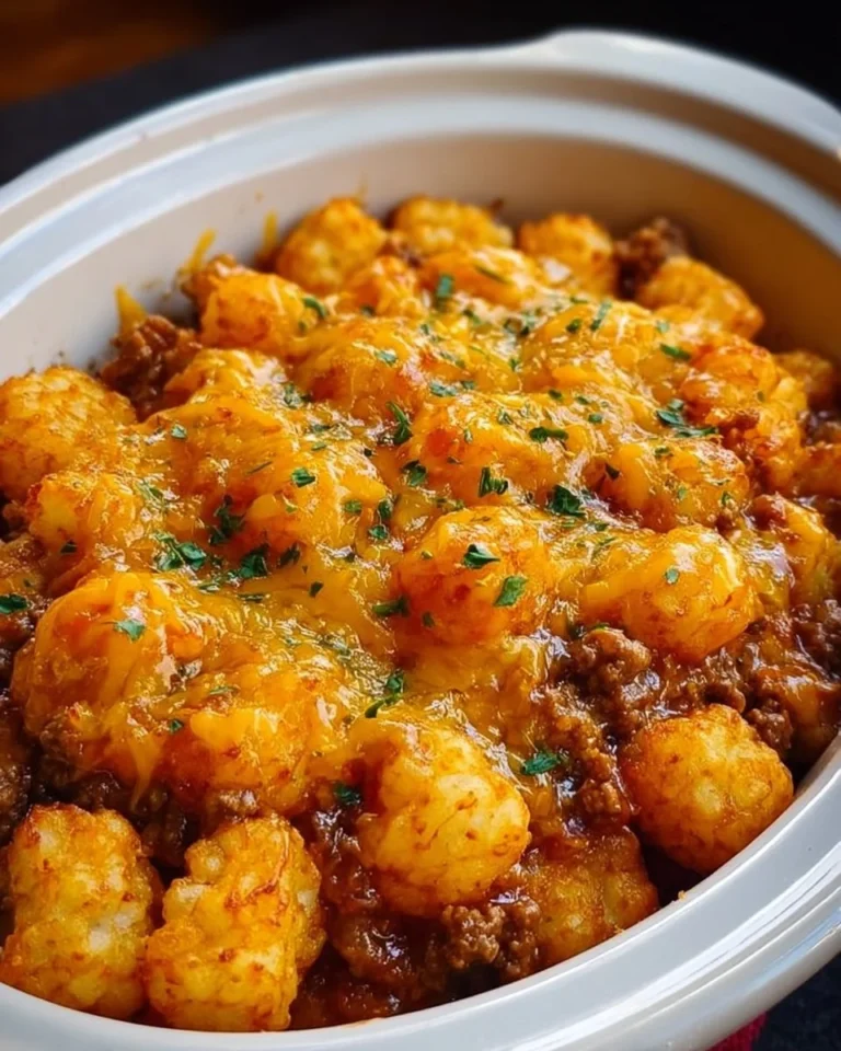 Familien-Crockpot-Tater-Tot-Auflauf mit Rinderhackfleisch im Slow Cooker zubereitet.