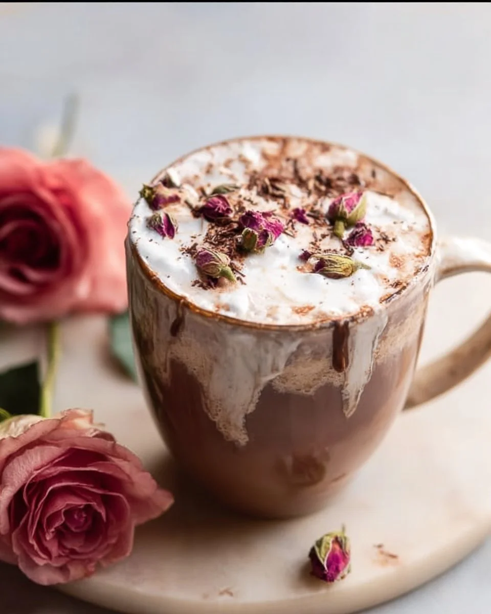 Florale Rosenheiße Schokolade mit blumigem Aroma und köstlichem Geschmack.