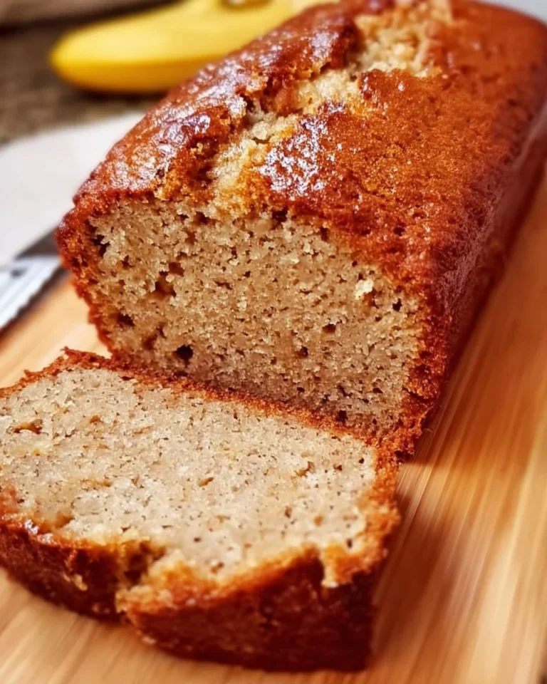 Fluffiges Keto-Bananenbrot in einer hübschen Backform auf einem Holzbrett serviert.