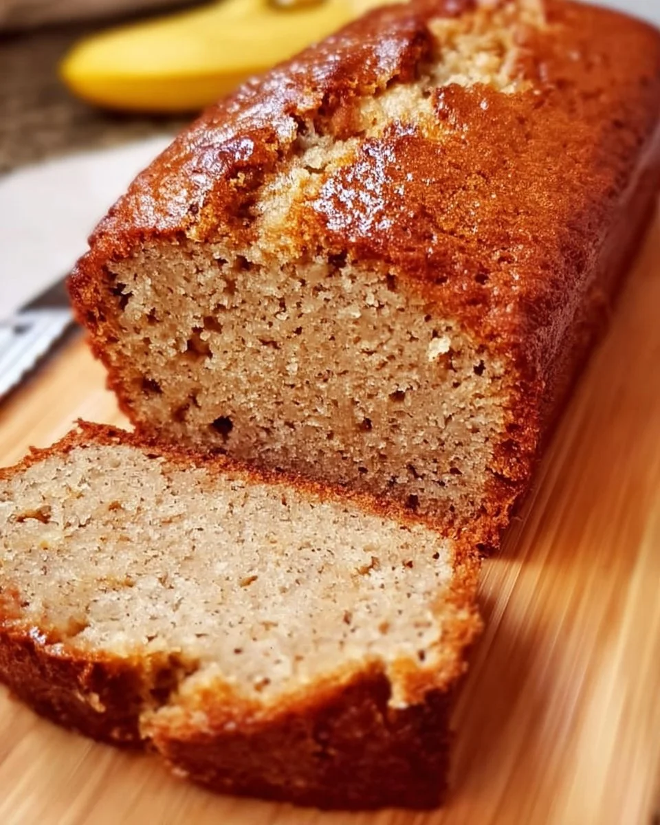 Fluffiges Keto-Bananenbrot in einer hübschen Backform auf einem Holzbrett serviert.
