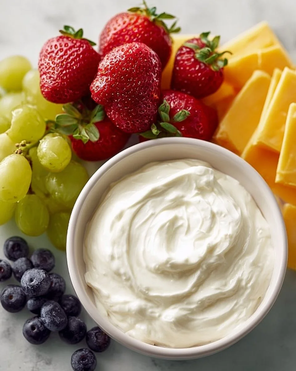 Eine Schüssel mit Früchte Dip aus verschiedenen Früchten und Süßigkeiten