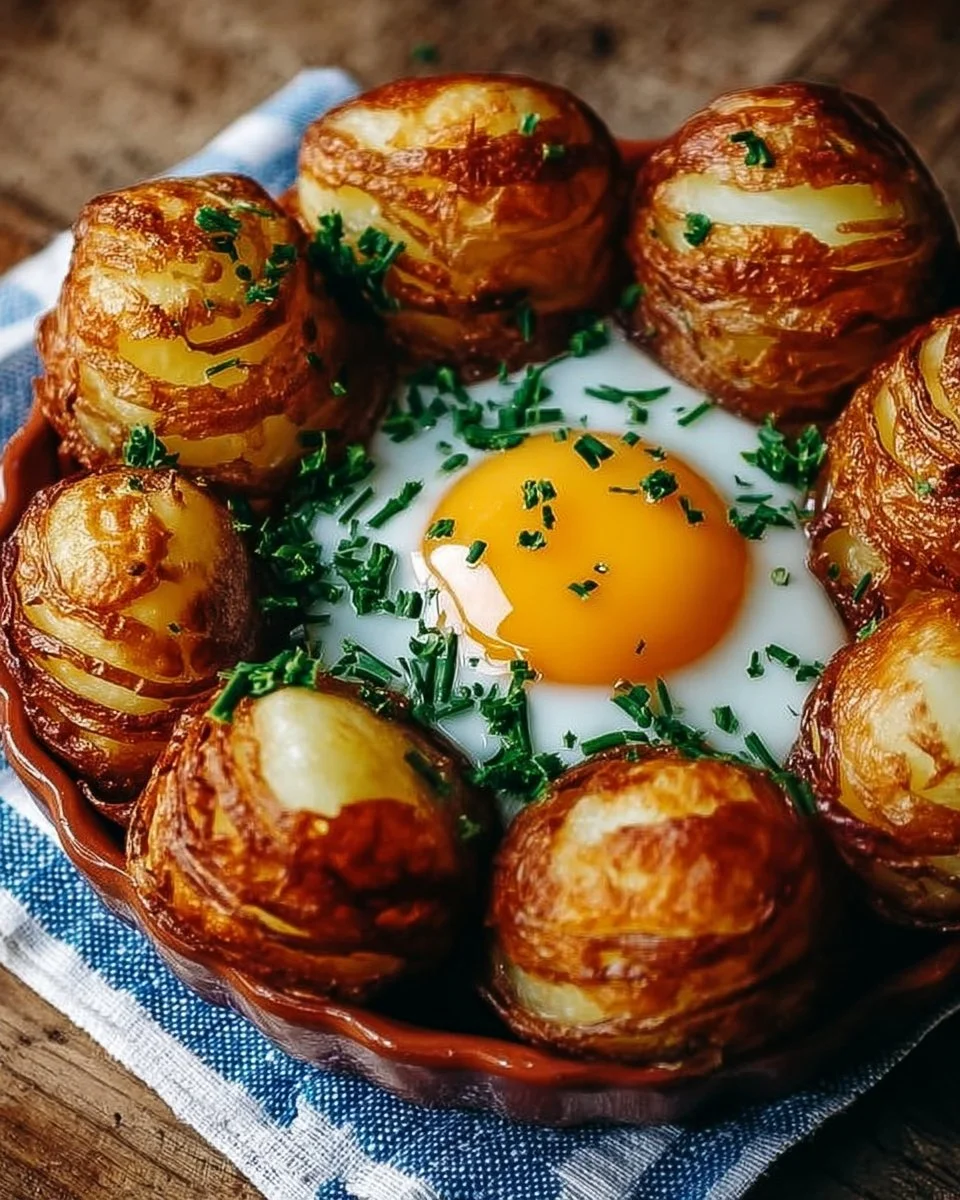 Frühstückseier in knusprigen Röstkartoffel-Körbchen angerichtet auf einem Teller.