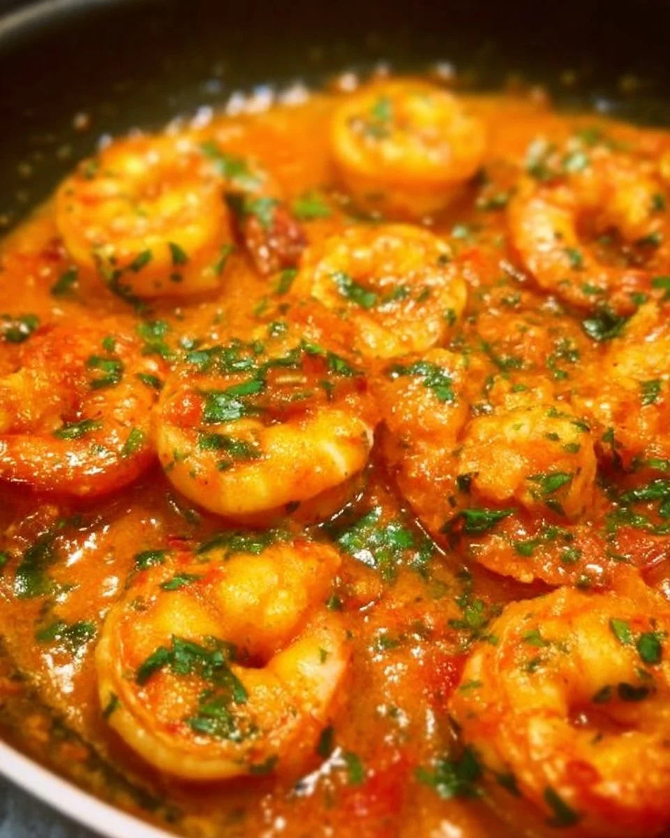 Garnelen in gerösteter Paprikasauce serviert mit frischen Kräutern