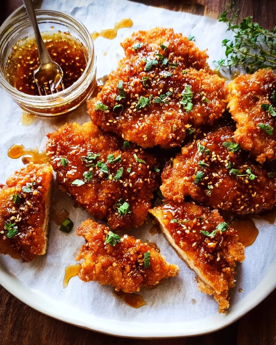 Gebackenes knuspriges scharfes Honighähnchen auf einem Teller.