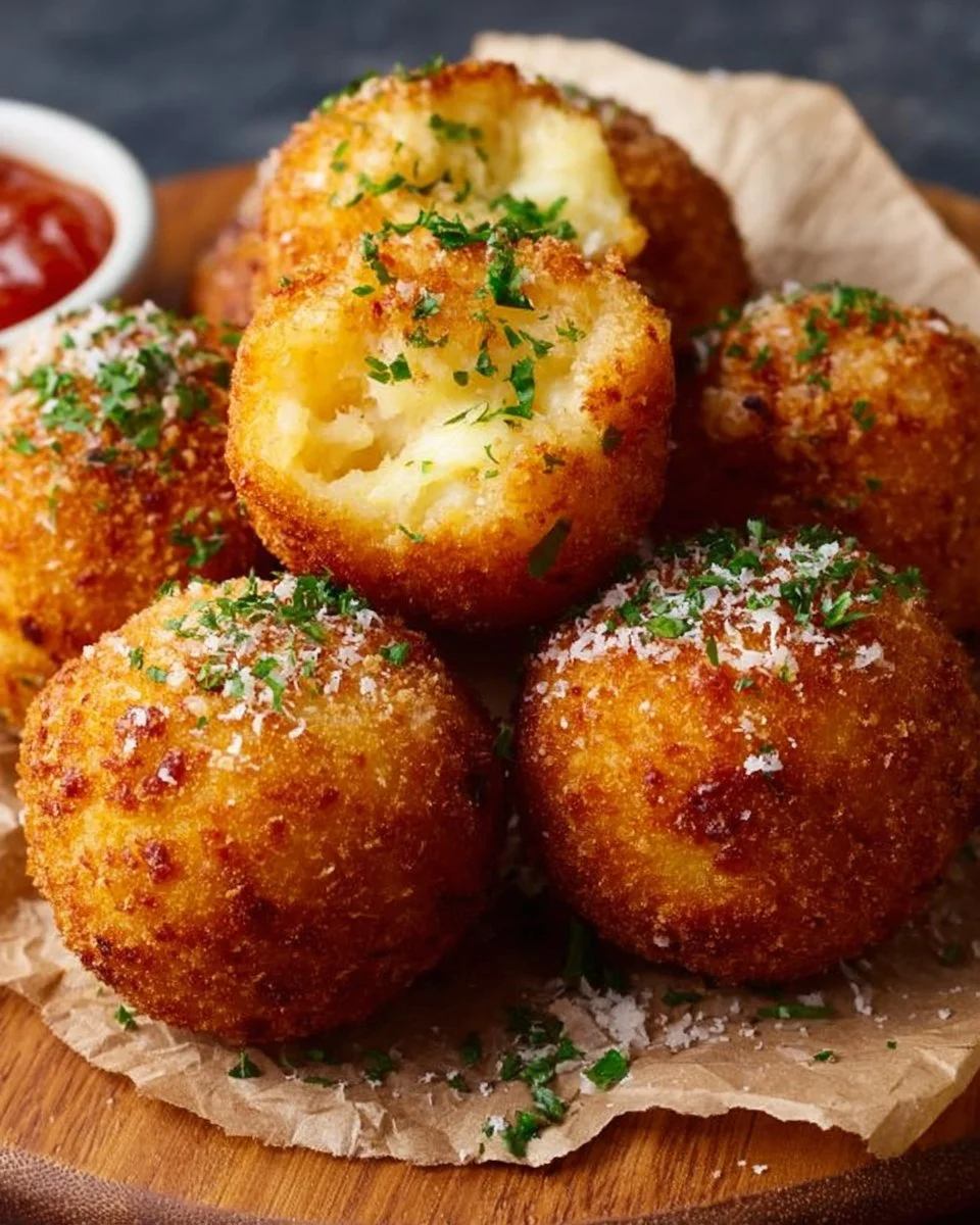 Leckere gebratene Arancini, italienische Reisbällchen, appetitlich angerichtet.