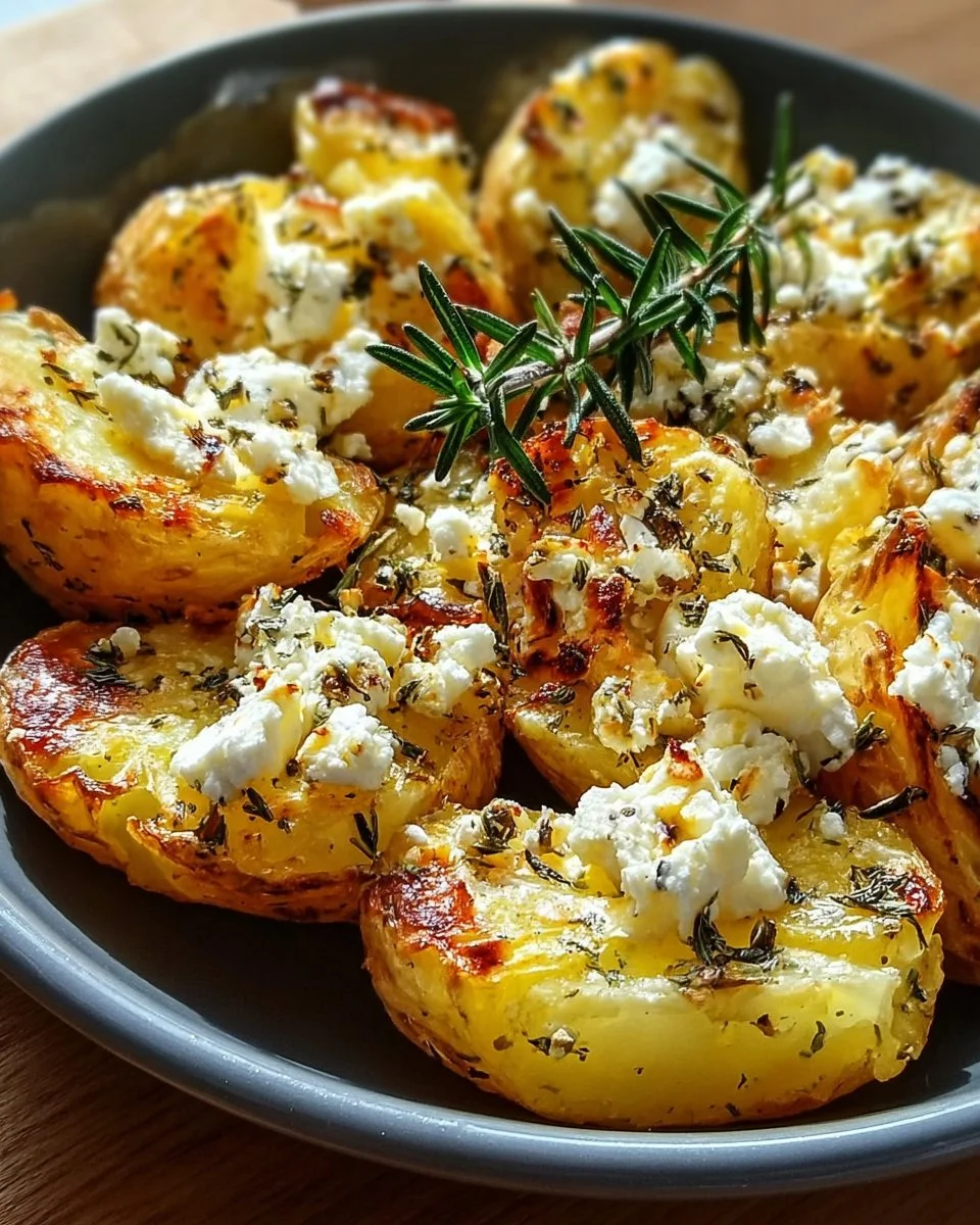 Leckere gebratene Feta-Kartoffeln auf einem Teller serviert.