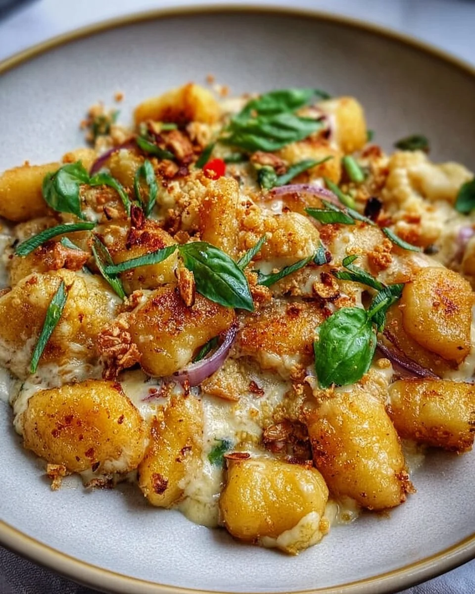 Gebratene Gnocchi mit karamellisiertem Blumenkohl auf einem Teller