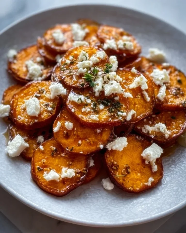 Gebackene Süßkartoffelscheiben mit Honig und Feta auf einem Teller serviert