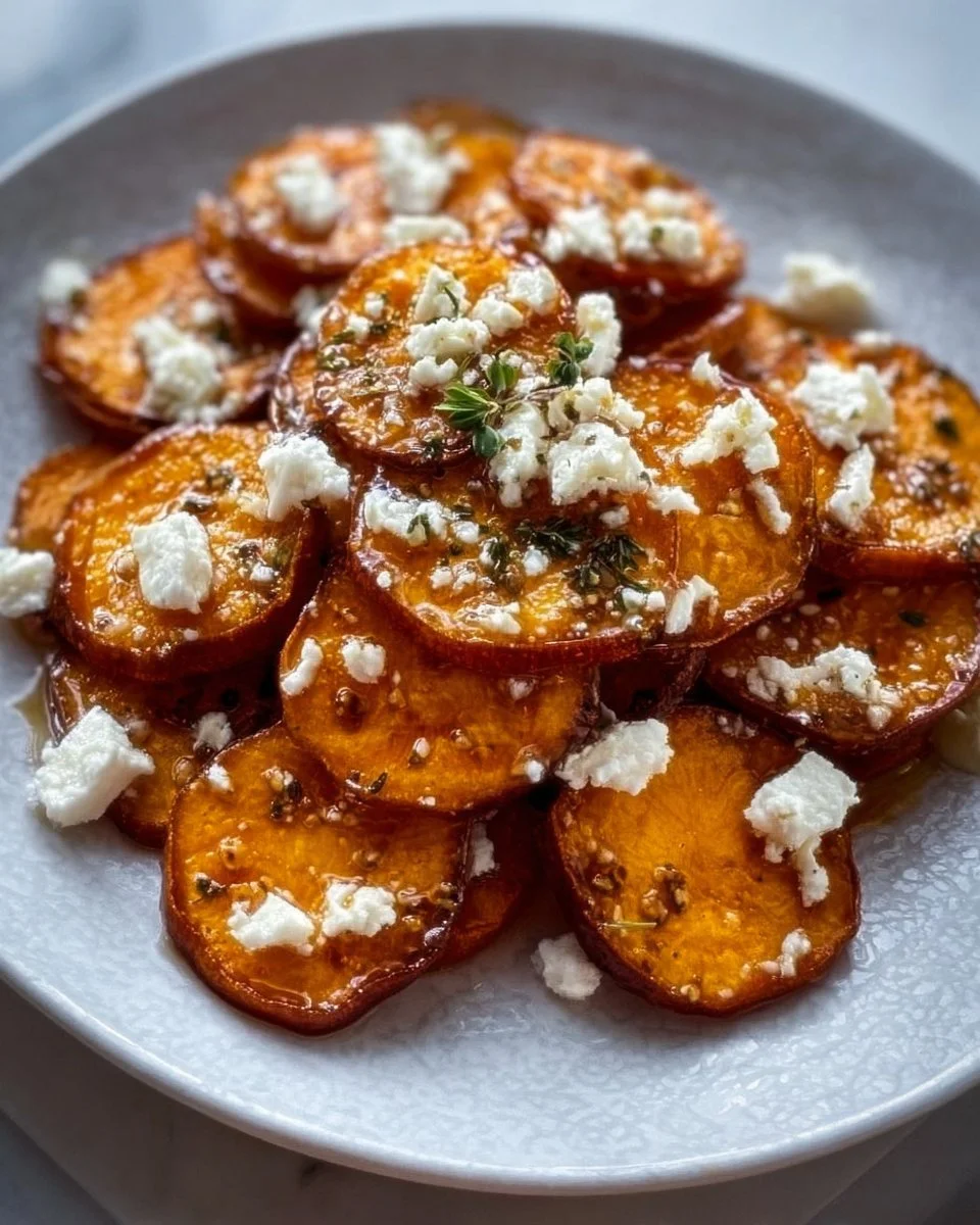 Gebackene Süßkartoffelscheiben mit Honig und Feta auf einem Teller serviert