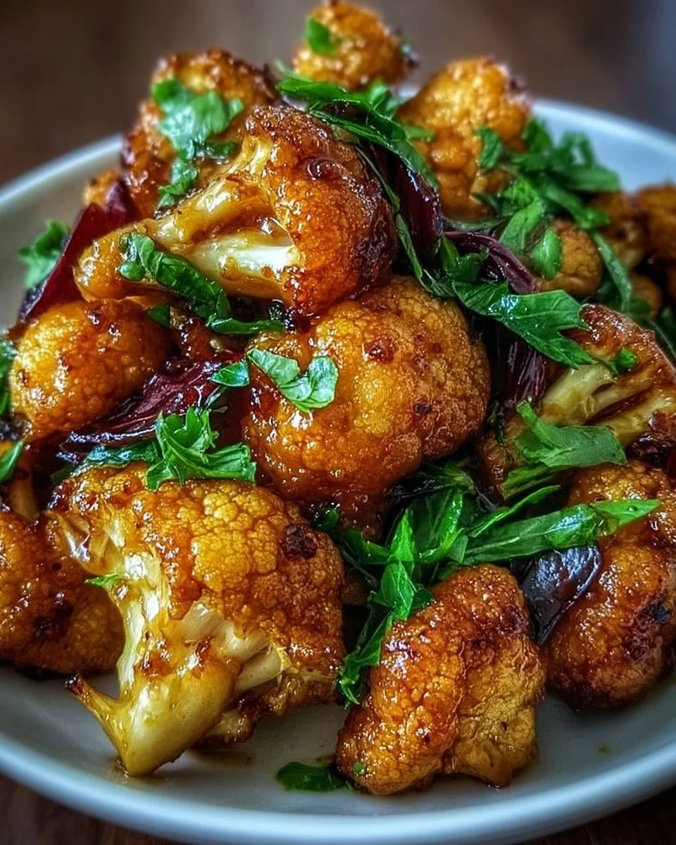 Gebratener Blumenkohl mit Honig-Curry auf einem bunten Teller