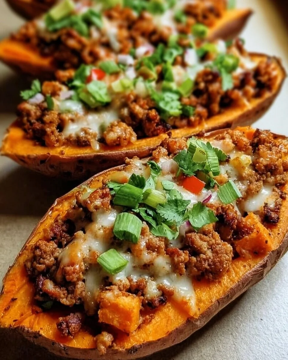 Gefüllte Süßkartoffeln mit gemahlenem Truthahn serviert auf einem Teller.