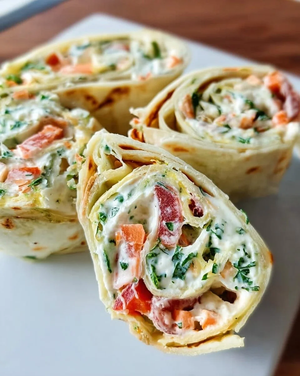 Gemüse-Frischkäse-Tortilla-Röllchen auf einem Teller angerichtet.