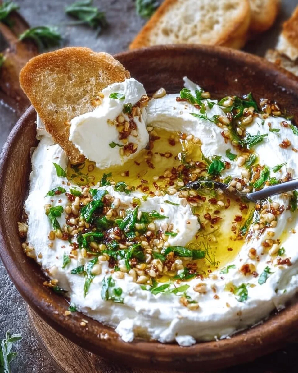 Geschlagener Feta-Dip in einer Schüssel mit frischem Brot