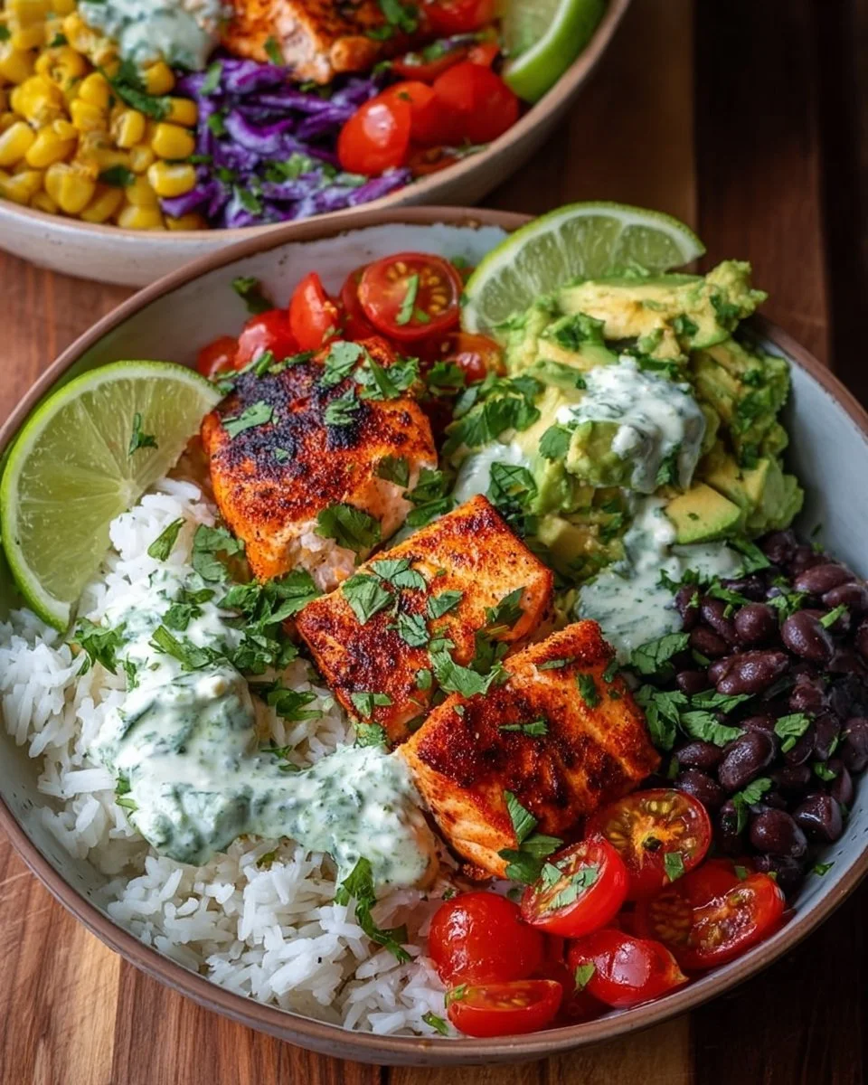 Gesunde Fisch-Taco-Schalen mit Koriander-Limetten-Reis auf einem Teller