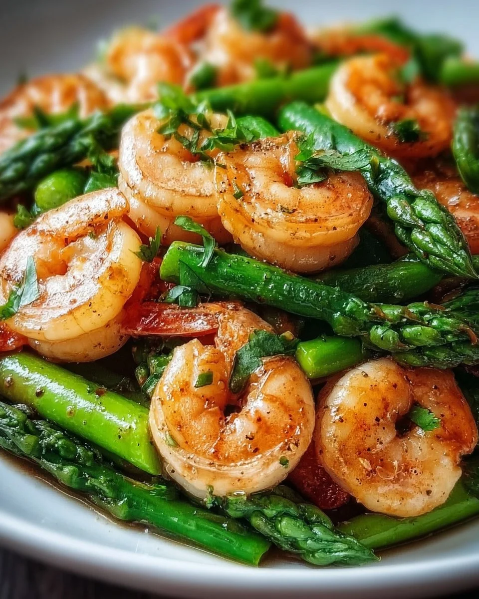 Gesunde Garnelen- und Spargelpfanne mit frischen Zutaten und Gewürzen