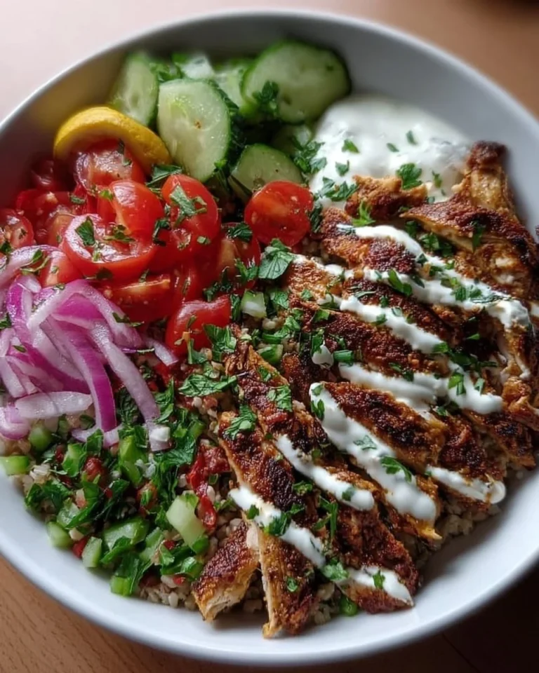 Gesunde Hähnchen Shawarma Schüssel mit frischem Gemüse und Hausgemachten Soßen