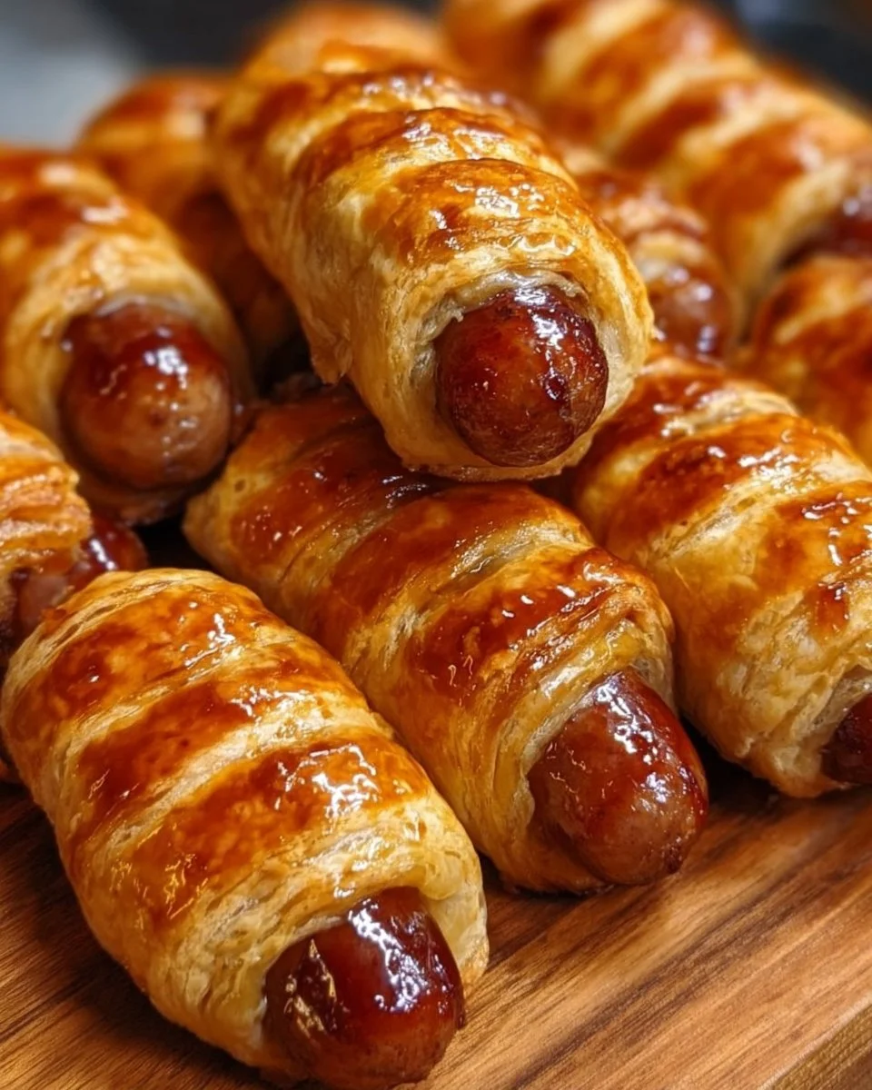 Glasierte Halal-Würstchen im Blätterteig auf einem Teller serviert.