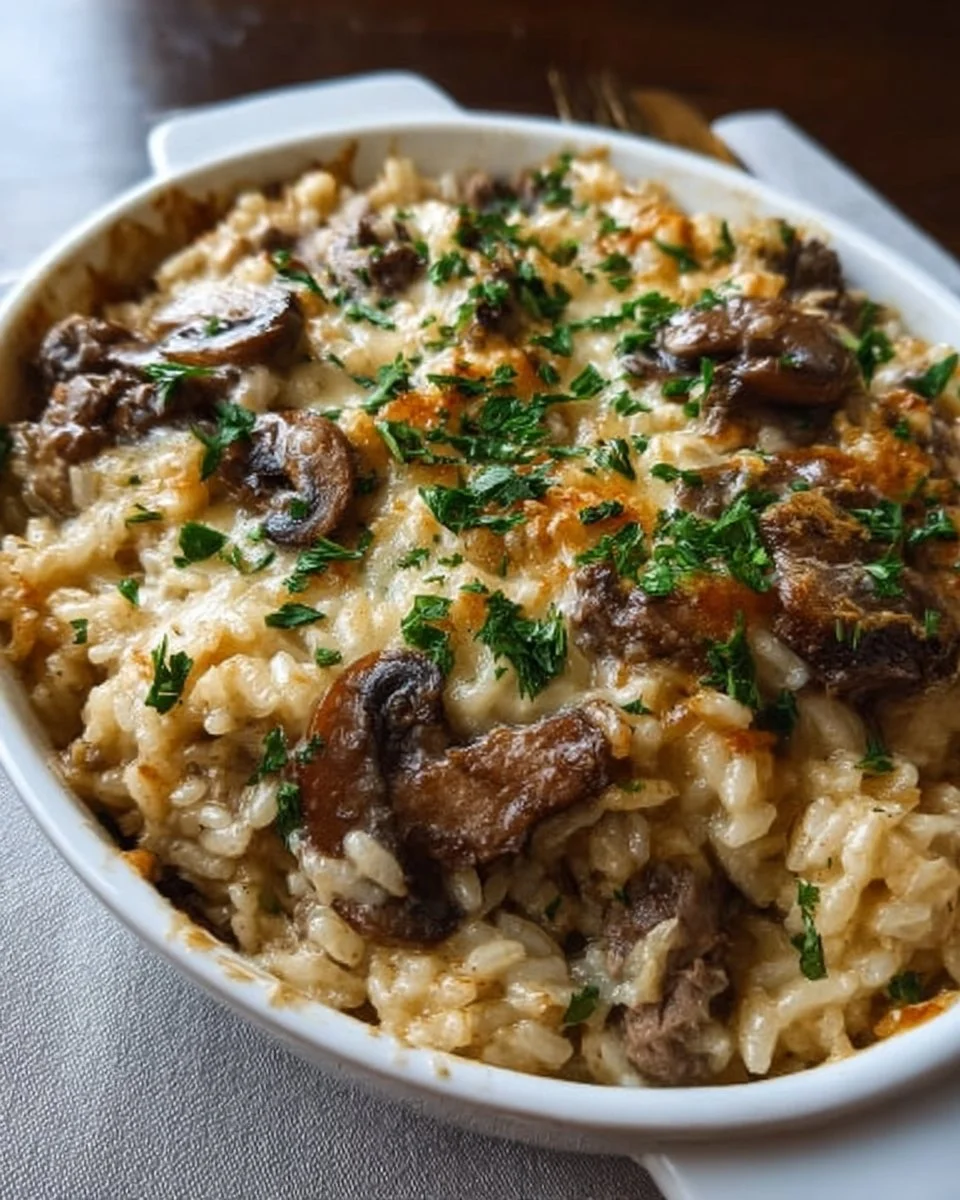Goldener cremiger Rindfleisch-Pilz-Reisauflauf mit frischen Zutaten