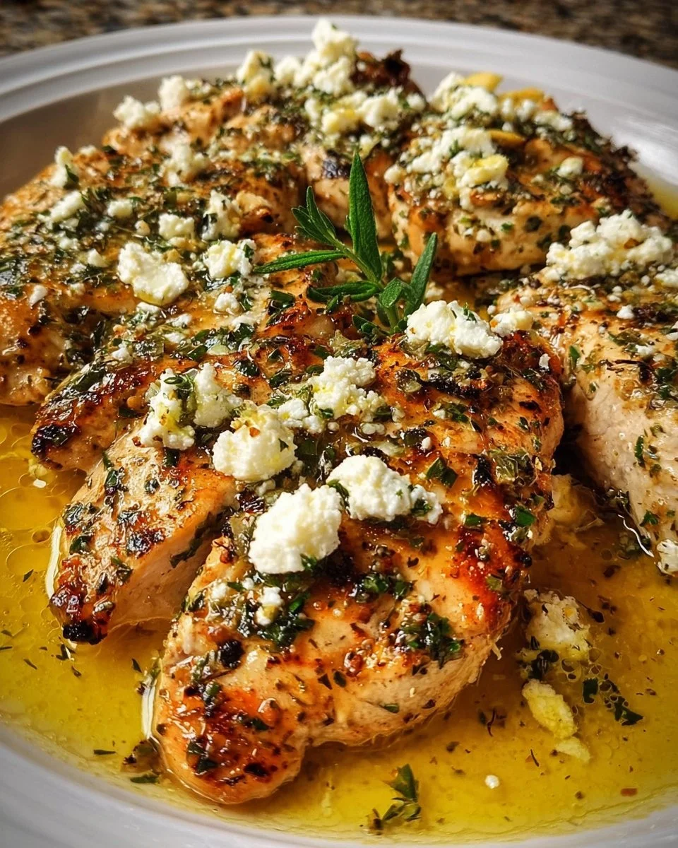 Griechisches Hähnchen mit Zitrone und Feta auf einem Teller serviert