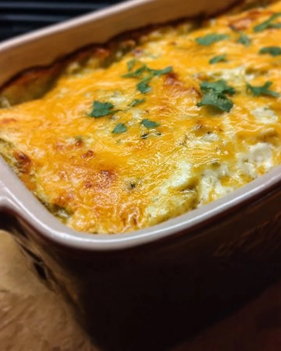 Leckerer Grüne Chili-Hühnchen-Enchilada-Auflauf auf einem Teller serviert