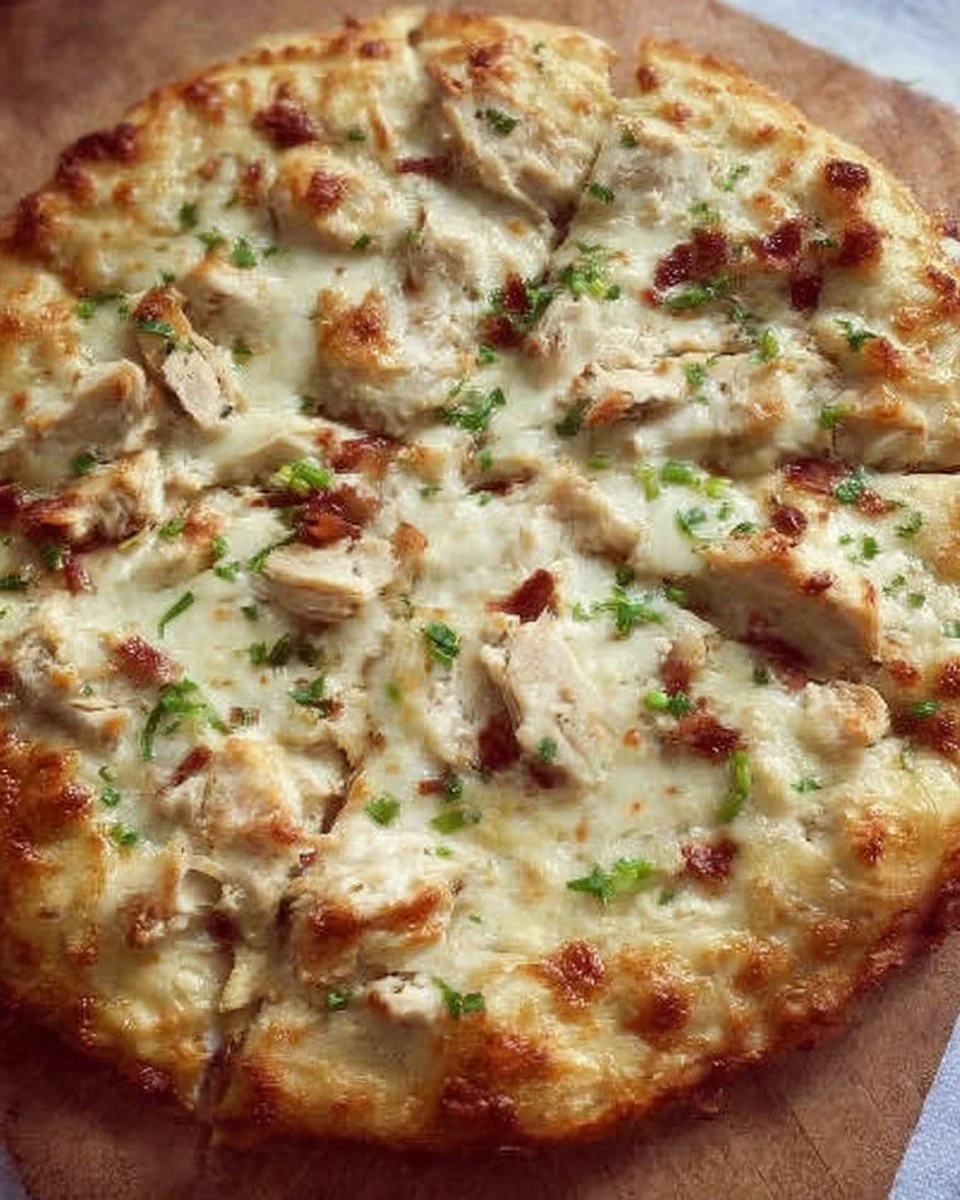 Hähnchen Alfredo Pizza mit cremiger Sauce und zartem Hähnchen auf knusprigem Teig