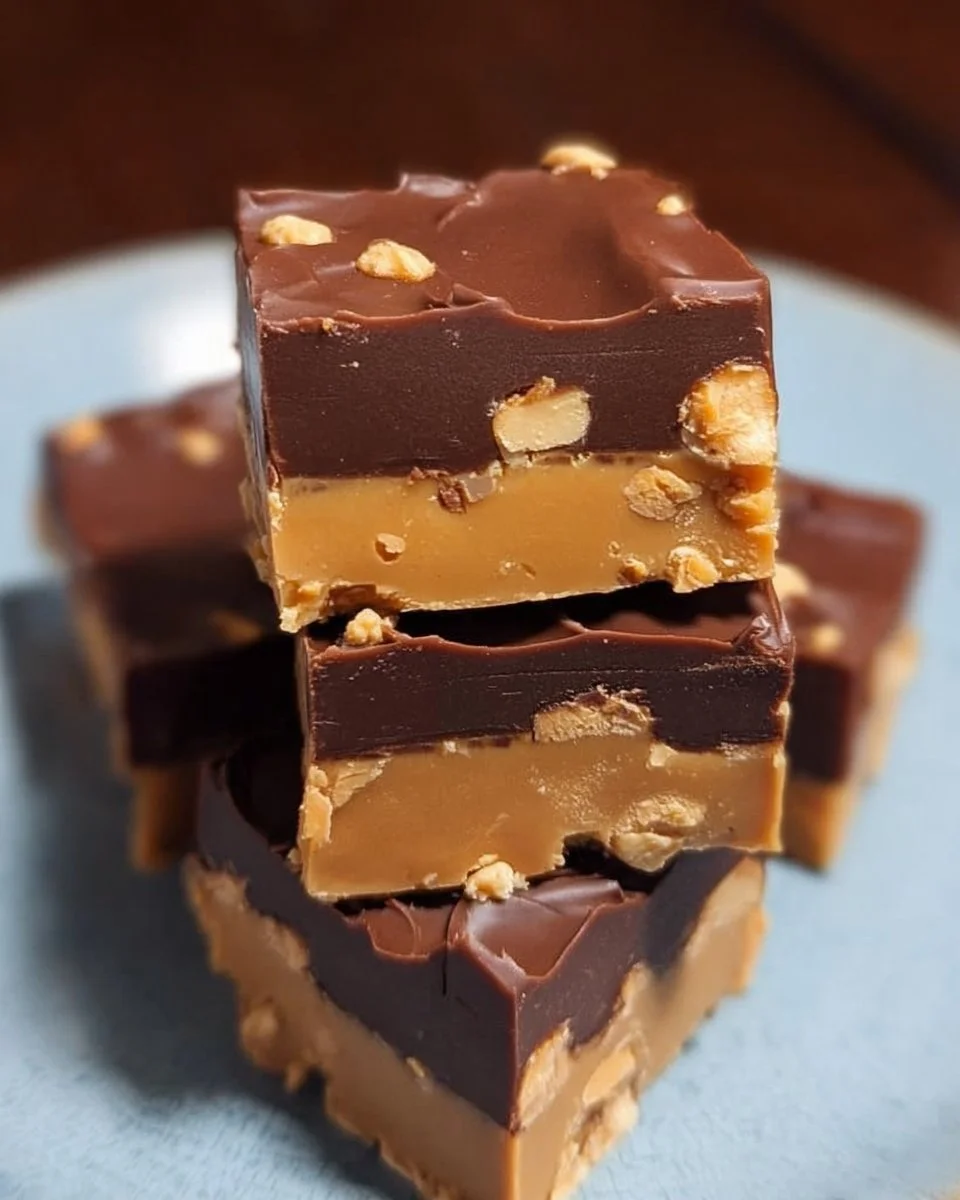 Hausgemachte Erdnuss-Schokoladen-Fudge-Riegel auf einem Teller