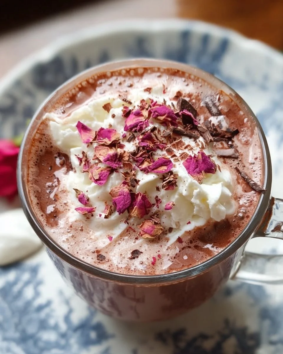 Hausgemachte Rosenheiße Schokolade in einer Tasse serviert.