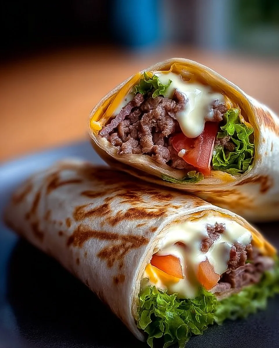 Hausgemachter Beef Wrap mit cremiger Sauce auf einem Teller serviert