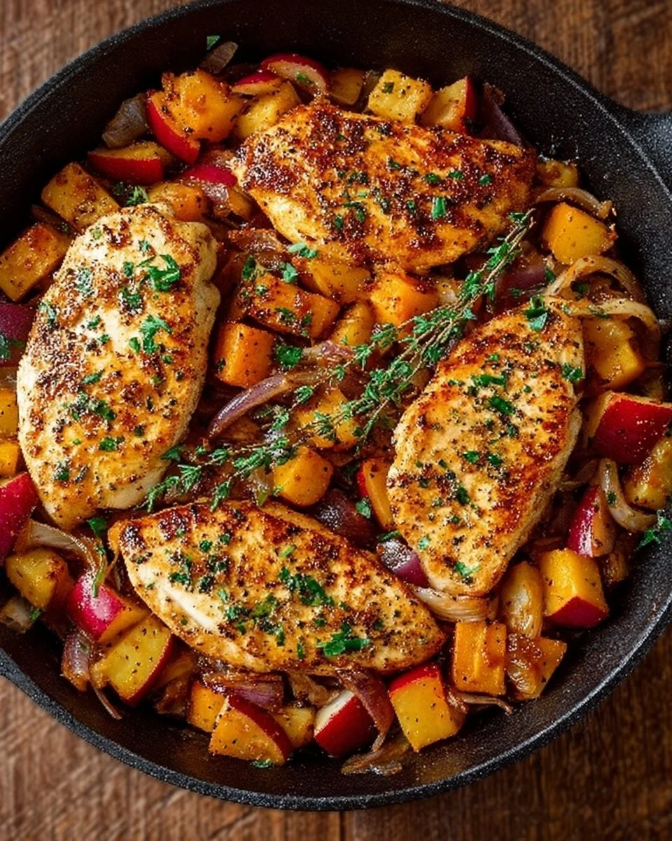 Herbsternte Hühnchen Pfanne mit frischem Gemüse und Gewürzen