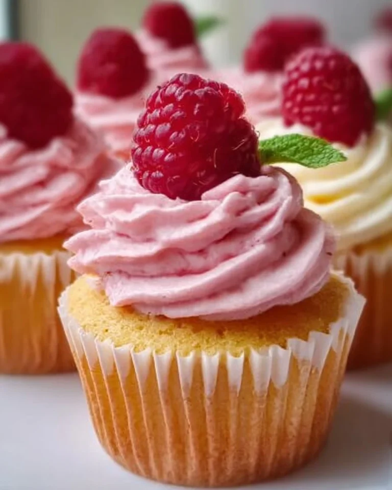 Himbeer-Cupcakes mit alkoholfreier Buttercreme dekoriert mit frischen Himbeeren