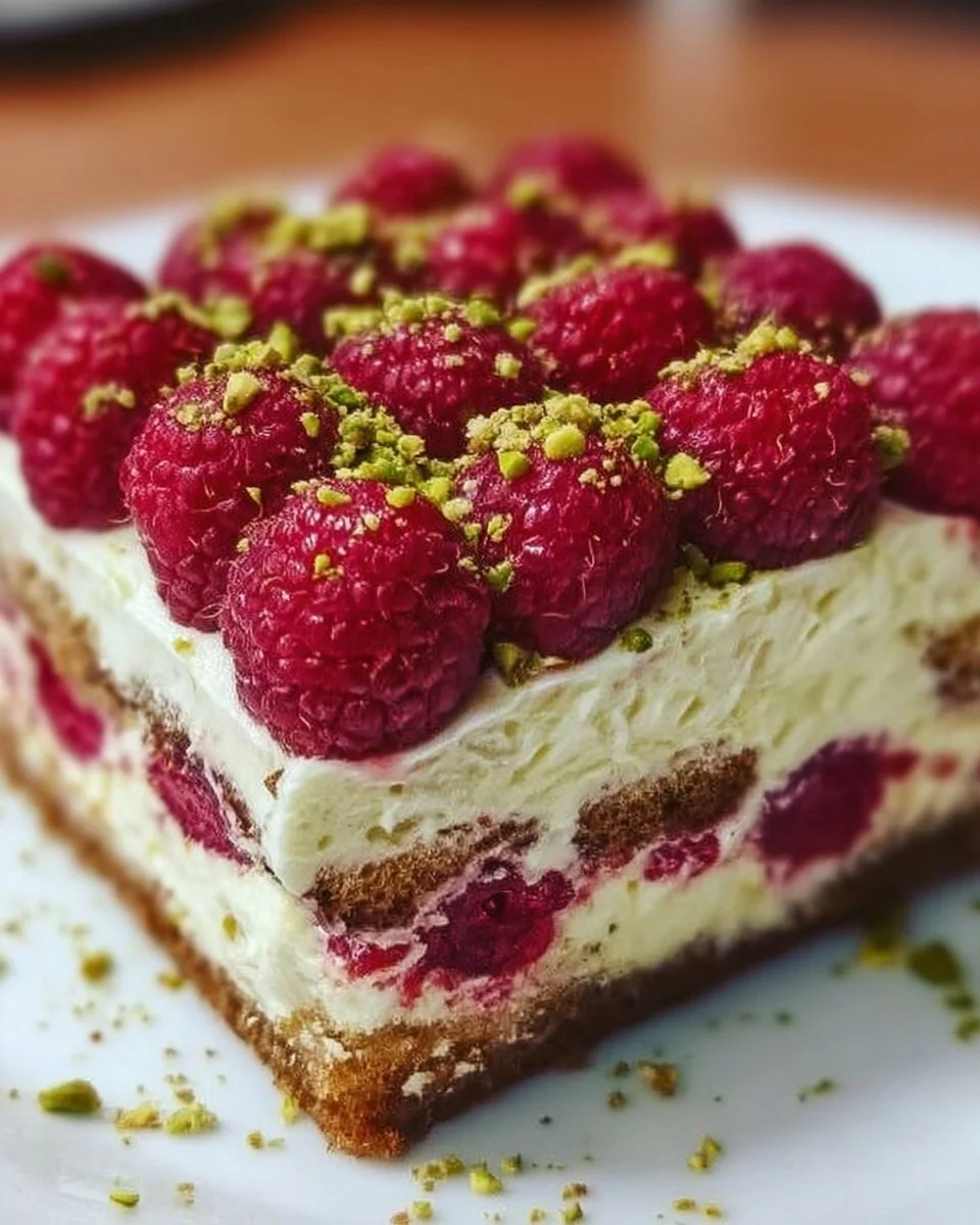 Himbeer-Pistazien-Tiramisu ohne Ei und Alkohol, leckeres Dessert auf einem Teller